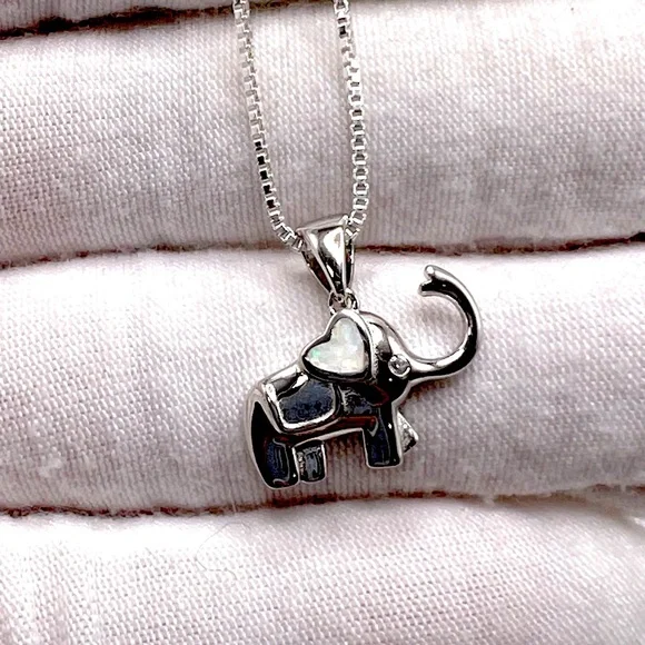 .925 Sterling Silver Elephant Necklace with Lab Opal Heart Ear